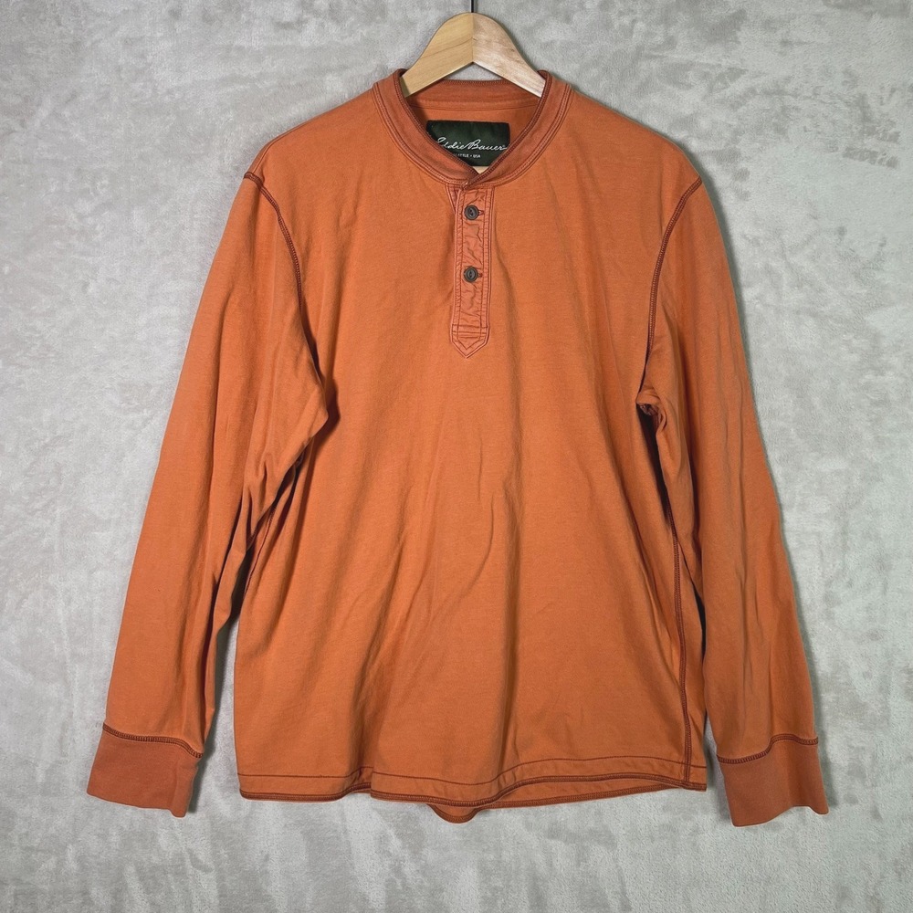 Eddie Bauer Henley Shirt Mens L Orange Long Sleeve Outdoor Hiking Grandpa Y2K